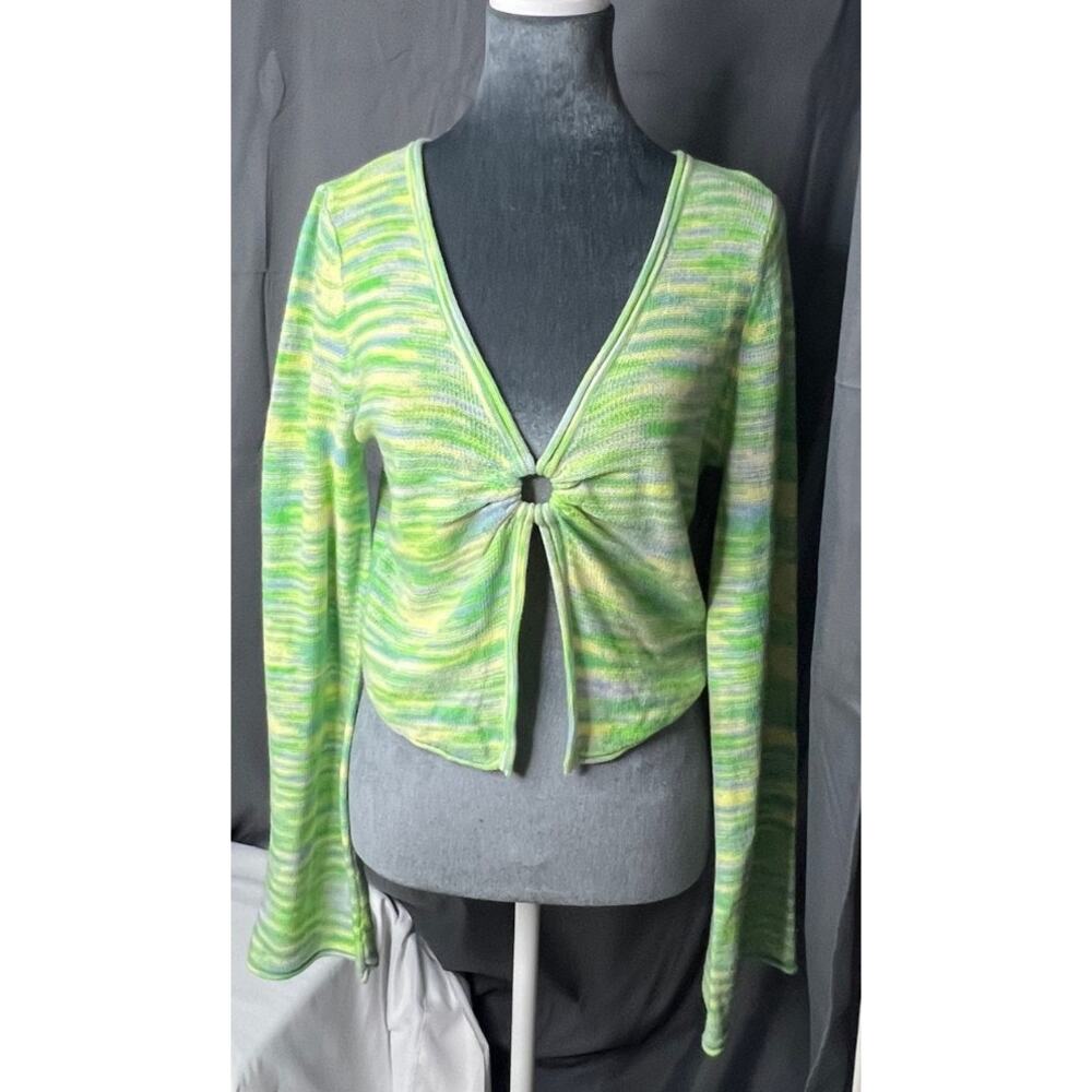 Women’s American Eagle Medium Bell Sleeve Knit Crop Top Green Blue Coquette